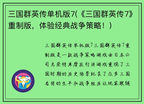 三国群英传单机版7(《三国群英传7》重制版，体验经典战争策略！)